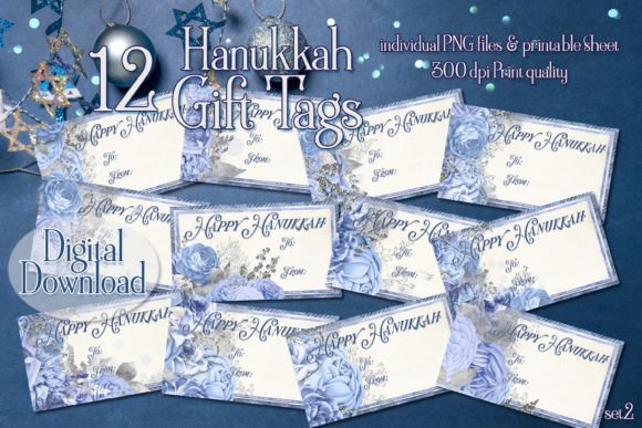 Happy Hanukkah Blue Floral Gift Tags: A Digital Asset for Professional Holiday Preparation